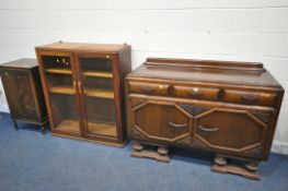 A 1940'S OAK SIDEBOARD, along with an oak glazed two door bookcase and a record cabinet, condition