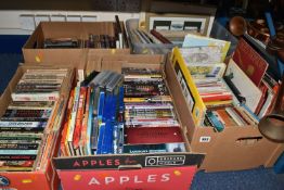 FIVE BOXES OF BOOKS, MAPS, DVDS, VHS TAPES & MAGAZINES, the books are mostly in paperback format