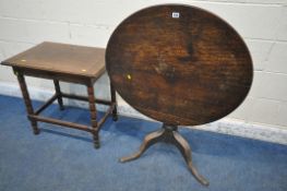 A GEORGIAN OAK TILT TOP TRIPOD TABLE, diameter 85cm x height 68cm, along with an oak bobbin turned