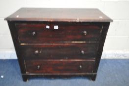 A STAINED PINE CHEST OF THREE DRAWERS, width 50cm x depth 42cm x height 77cm, condition report: