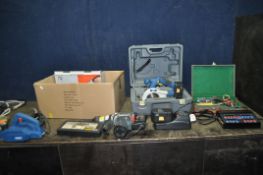 A TRAY CONTAINING POWER TOOLS including Draper 18v circular saw with two batteries and charger, a