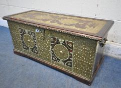 A BRASS-STUDDED TEAK OR HARDWOOD ZANZIBAR CHEST, early 20th century, embossed brass detail, drop