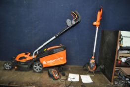 A YARDFORCE LM-G32 CORDLESS LAWN MOWER with grassbox and a Yardforce LT-G30 cordless strimmer, one