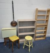 AN OAK EFFECT OPEN BOOKCASE, along with two pine bookcases, a formica drop leaf table, two stools,