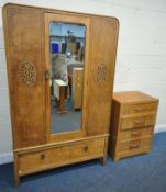 AN ART DECO OAK TWO PIECE BEDROOM SUITE, comprising a single mirror door wardrobe with a singe