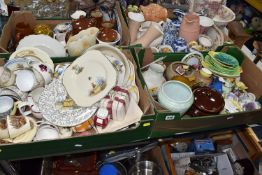 FOUR BOXES OF ORNAMENTAL AND HOMEWARE CERAMICS, to include a pair of Royal Winton, pink Sylvac