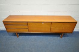 POSSIBLY WHITE AND NEWTON, A MID CENTURY TEAK SIDEBOARD, with three graduated drawers, a fall