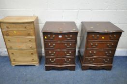 A PAIR OF MAHOGANY CHEST OF FOUR DRAWERS, and a bowfront teak chest of three drawers, condition