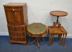 A SELECTION OF YEW WOOD OCCASIONAL FURNITURE, to include a cabinet, with double cupboard doors,