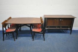 A G PLAN TOLA AND BLACK AFROMOSIA DINING SUITE, comprising a drop leaf dining table, open width
