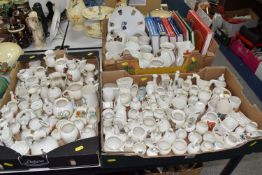 THREE BOXES OF CRESTED WARE, to include a quantity of W.H.Goss jugs, vases, pots, sugar sifter,