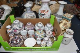 ONE BOX AND LOOSE MODERN CHINESE CERAMICS to include five ginger jars of assorted pattern and