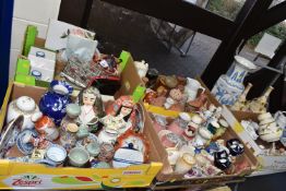 FIVE BOXES AND LOOSE ORIENTAL AND MIXED CERAMICS, to include an Oriental mother of pearl jewellery