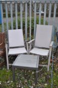 A PAIR OF MODERN FOLDING GARDEN CHAIRS, with metal frames and woven grey seats and backs, along with