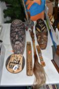 A QUANTITY OF WOODEN INTERNATIONAL ITEMS to include a carved Kalimba with five keys, an ornamental