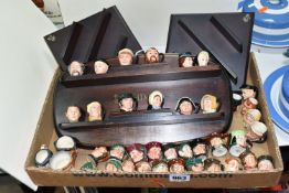 ONE BOX OF ROYAL DOULTON TINY CHARACTER JUGS AND DISPLAY SHELVES, to include three dark wood branded