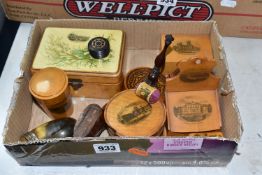 A BOX OF MOSTLY MAUCHLINE WARE to include a Mauchline pin cushion and thread dispenser, a box