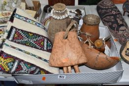 A GROUP OF NORTH-KENYAN TRIBAL ITEMS to include a wooden camel bell (possibly from the Rendille