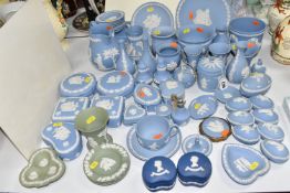 A LARGE GROUP OF WEDGWOOD JASPERWARE, to include, three sage green round trinket plates, two