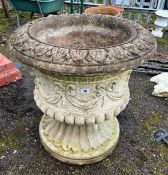 A LARGE MODERN COMPOSITE GARDEN URN, with a rope and swag detail over fluting to bowl and a fluted