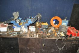 A METAL TOOLBOX AND A PLASTIC BOX CONTAINING TOOLS including a RAC battery charger, a vintage