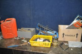 TWO BOXES AND A DRAWER CONTAINING TOOLS including a Stanley brace, a Record 18 Stilson, a mitre saw,