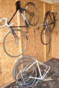 A SELECTION BICYCLE PARTS, including an unbranded racing bike with 22in frame, a Brooks leather