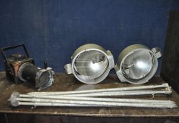 A SELECTION OF VINTAGE STAGE LIGHTING including a pair of Bullfinch round flood lights with cast