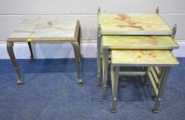 A SMALL BRASS FRAME OCCASIONAL TABLE, with an onyx insert, width 47cm x depth 37cm x height 38cm,