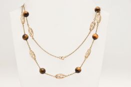 A 9CT GOLD TIGER EYE BEAD NECKLACE, designed with Rolo links, openwork oval links and polished round