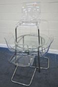 AN IKEA SALMI CIRCULAR GLASS TOP TABLE, diameter 106cm x height 74cm, along with a set of four