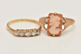 TWO RINGS, the first a yellow metal cameo ring, carved shell cameo depicting a lady in profile,
