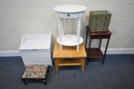 A MODERN OAK SIDE TABLE, 55cm squared x height 45cm, a stool, a storage stool, a white painted