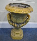A 19TH CENTURY GLAZED FIRECLAY NEOCLASSICAL CAMPAGNA URN, the top rim with leaf moulding, acanthus