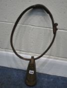 A BRASS CATTLE / COW BELL, with a bentwood collar, condition report: historical wear and usage