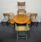 A MODERN BEECH CIRCULAR DROP LEAF SINGLE PEDESTAL TABLE, diameter 91cm x height 76cm, a pair of