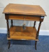 A 19TH CENTURY ROSEWOOD SEWING TABLE, the hinged lid enclosing a bevelled edge mirror, and various