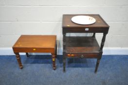 A MAHOGANY TWO TIER WASHSTAND, with a ceramic bowl insert, and a single drawer, width 51cm x depth