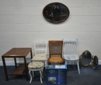 THREE ODD CHAIRS, an oval bevelled edge wall mirror, a triple dressing mirror, a stool, a boxed