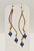 A PAIR OF 9CT GOLD LAPIS LAZULI DROP EARRINGS, designed as two polished curved bars each set with
