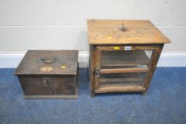 A PINE AND MESH MEAT SAFE, 45cm x depth 34cm x height 46cm, along with a small storage box,