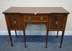 A 20TH CENTURY MAHOGANY BREAKFRONT SIDEBOARD, fitted with one deep drawer, another drawer, and a