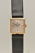 A LADIES YELLOW METAL 'OMEGA' WRISTWATCH, automatic movement, square silvered dial signed 'Omega,