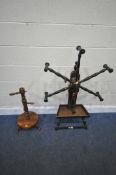 A 20TH CENTURY YARN WINDER, the rotating front with six spindles, over a dished section, raised on