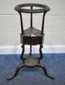 A GEORGIAN MAHOGANY WIG STAND, raised on turned and scrolled supports, two drawers, on three legs,