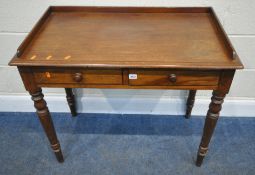 A 19TH CENTURY MAHOGANY SIDE TABLE, with raised back and sides, two frieze drawers, raised on turned