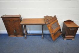 AN EARLY 20TH CENTURY OAK SIDE TABLE, raised on turned supports, width 84cm x depth 43cm x height