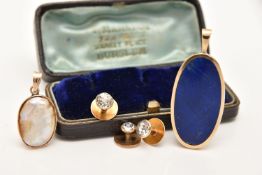 A CASED SET OF 9CT GOLD PASTE SET DRESS STUDS AND TWO PENDANTS, including three dress studs each set
