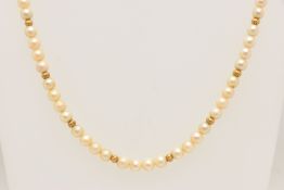 A CULTURED PEARL NECKLACE, single strand of cultured cream pearls with a pink hue, each