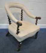 A 19TH CENTURY WALNUT FAMED CHAIR, with a horseshoe shaped backrest, barley twist supports, raised